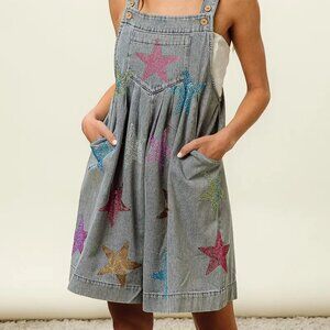 BiBi Star Rhinestone Washed Wide Leg Shortalls